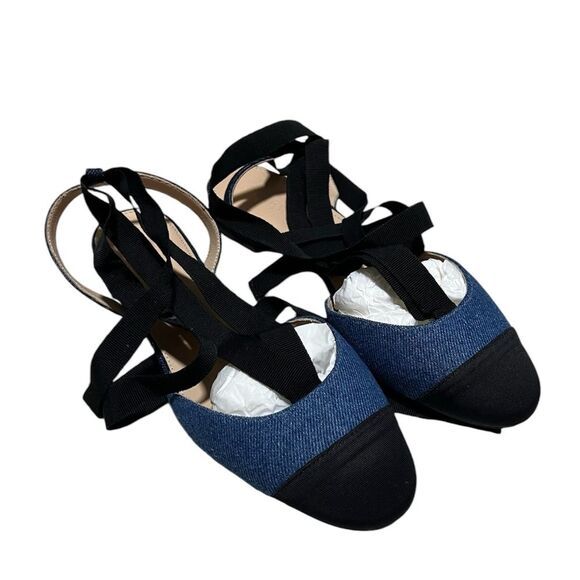 J Crew Denim and Black Lace Up Ballerina Flats Size 7.5 - Picture 2 of 4